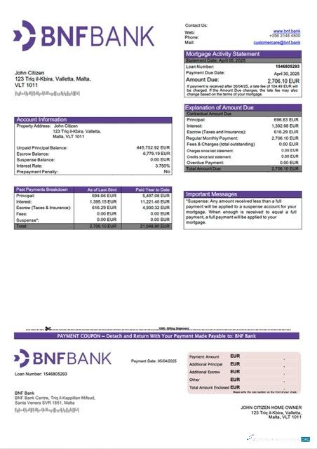 Download Malta BNF Bank mortgage statement Word and PDF template Photoshop template